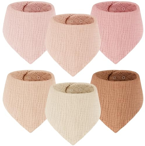 Yukkidds Baby Dribble Bibs 100% Muslin, Bandana Drool Bibs for Teething | 6 Pack, For Baby Girls Boys 0-36 Months Newborn & Toddler, Soft & Absorbent, With Adjustable Snaps, Pink&Khaki