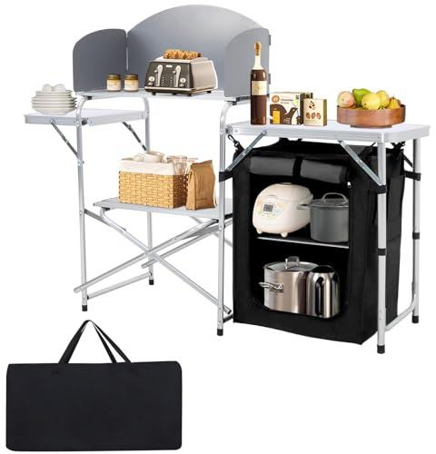 Warmiehomy Folding Camping Storage Unit Portable Camping Kitchen Unit Camping Cupboard with Aluminium Frame, Black #5,111 x 147 x 46 cm