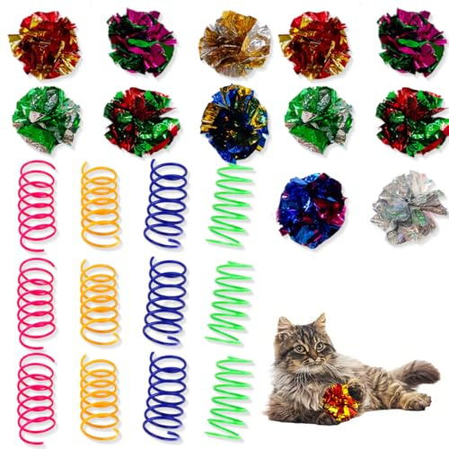 CATOR Lot de 24 jouets colorés pour chat, 12 pièces et 12 balles froissées, Ressorts spiralés à haute élasticité, Boules anti-rides pour chat, Pour mâcher, mordre, chasser