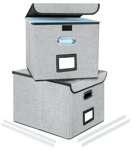Okydoky Lot de 2 boîtes de rangement avec couvercle - Format A4 - En panneau de fibres et papier - Aspect lin élégant - Convient pour la maison et le bureau - Boîtes de rangement à dossiers suspendus