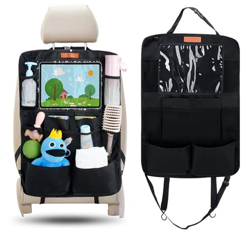SURFOU Protezione Sedile Auto Bambini, Organizer Posteriore con Molto Spazio di Portaoggetti per Bottiglie, Giocattoli, Libri, Multi-Tasca Impermeabile Oxford, Nero
