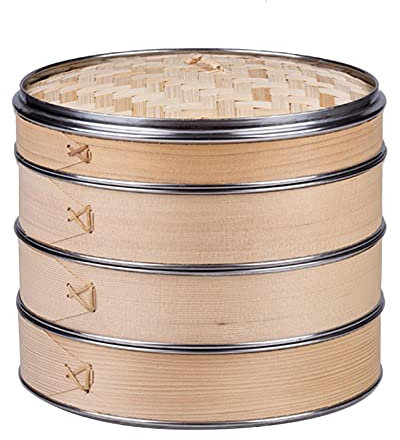 ZOLPINL Vaporiera in bambù a 3 Livelli da 11,8, cestello per la Cottura a Vapore di Ravioli in bambù con Bordo in Acciaio Inossidabile 304 per Verdure, Pesce, Dim Sum