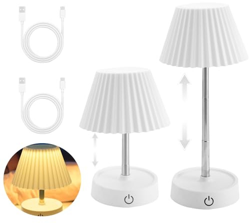 WIYETY Lámpara de mesa con batería LED recargable: 2 piezas lámpara de mesa con batería recargable USB, lámpara de mesa telescópica regulable con batería, lámpara de mesa táctil, adecuada para mesitas