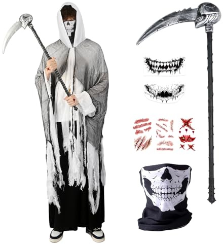 Deguisement Faucheuse Halloween Homme-Costume Faucheuse Halloween Adulte avec Déchirée Cape Capuche Squelette Masque Faucille Tatouage Halloween,Costume D'halloween Fantôme Effrayant Cosplay Carnaval