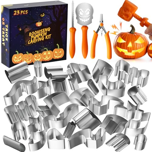 Roohiseng Pumpkin Carving Kit Tools, Halloween Cookie Cutters Set Stainless Steel, Safe Pumpkin Carving Stencils DIY Halloween Decoration Jack O Lanterns (23)