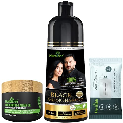 Herbishh Schwarzes Haarfärbe-Shampoo, 200 ml + Fleckenentferner-Tücher + Argan-Haarmaske, 150 ml, saubere Färbung und Tiefenpflege