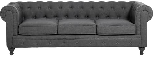 Beliani Sofá Chesterfield 3 plazas tapizado Gris Brazos enrollados Estilo Tradicional Chesterfield