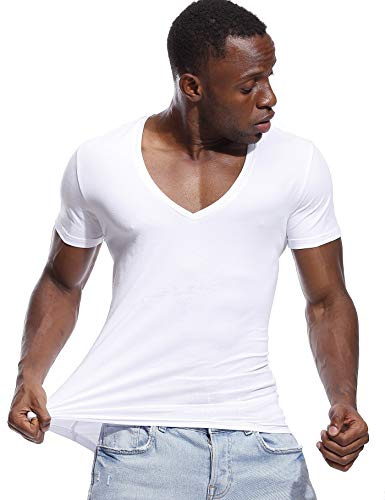 Zbrandy Men's Deep V Neck Cotton T-Shirt, White, XS-XXXL