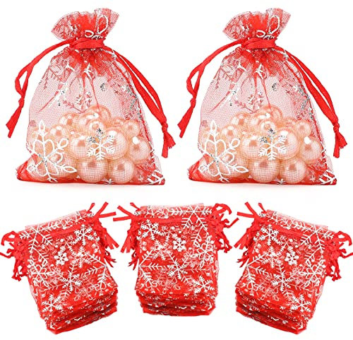 jijAcraft 100PCS Christmas Organza Bags: 7x9CM Red Snowflake Organza Gift Pouches, Small Christmas Drawstring Favour Bags for Presents, Candy, Xmas Party Decoration
