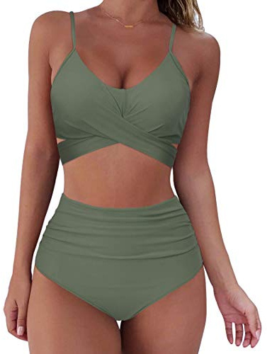 RXRXCOCO Women Wrap Bikini Set Push Up High Waisted 2 Piece Swimsuits Plus Size Swimwear Army Green