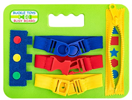 Buckle Toys Mini Busy Board - Montessori Learning Toy for Toddlers Great Kids Airplane Activies - Foam Sensory Board - Develop Fine Motor Skills - Green