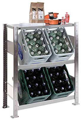 Getränkekistenregal für 4 Kästen, 100 x 81 x 33,6 cm, verzinkt, 2 Ebenen + 1 Regalboden, 150 kg Tragkraft pro Ebene/Boden, Industriequalität Made in Germany, Kastenständer, Flaschenkastenregal