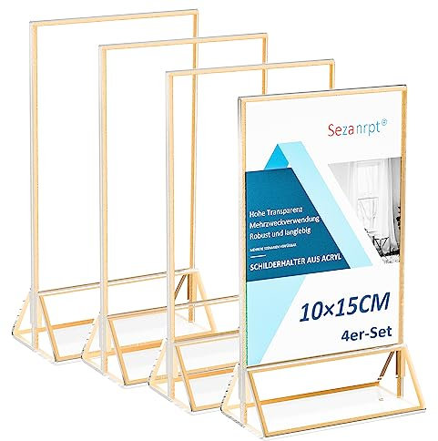 Sezanrpt Acryl Tischnummern Hochzeit 10x15 Vertikal 4 Pack, Acryl Tischkartenhalter Gold, klare Menü Halter für Tischplatte, Restaurant Einzelhandel, Papierhalter, Bilderrahmen