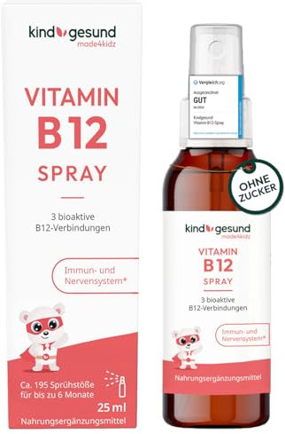 Vitamin B12 Kinder Spray – vegan & kindgerecht dosiert – 10 µg Methylcobalamin pro Sprühstoß – 6 Monate Versorgung – für Kinder & Jugendliche – ohne Zucker & Zusatzstoffe – von kindgesund