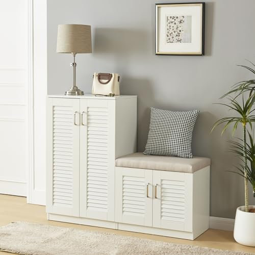 [en.casa] Schuhschrank Løten Schuhregal mit 4 Türen und 9 Ablagen Schuhablage 120 x 36 x 97 cm bis zu 18 Paar Schuhe mit gepolsterter Sitzbank Schuhaufbewahrung Weiß