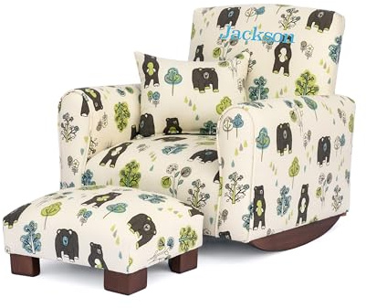 Toddler Personalized Armchair, Kids Upholstered Rocking Chair with Personalization, Toddler Chair with Personalized Name, Comfy Child Armchair, (Bears & Trees Print, Rockers)