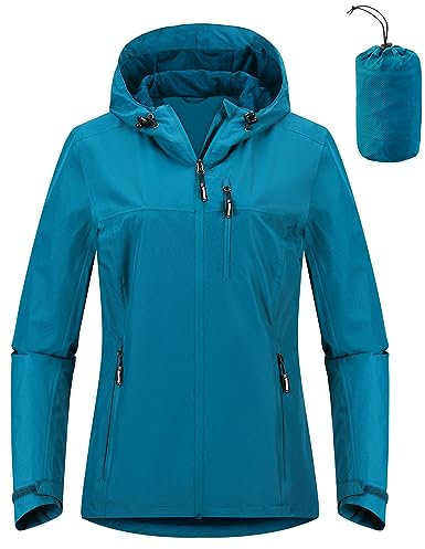 Outdoor Ventures Damen Regenjacke 10000MM Wasserdicht Leichte Gefüttert Packbar Sportjacke Funktionsjacke Atmungsaktiv Fahrrad Jacke mit Kapuze Blau 4XL