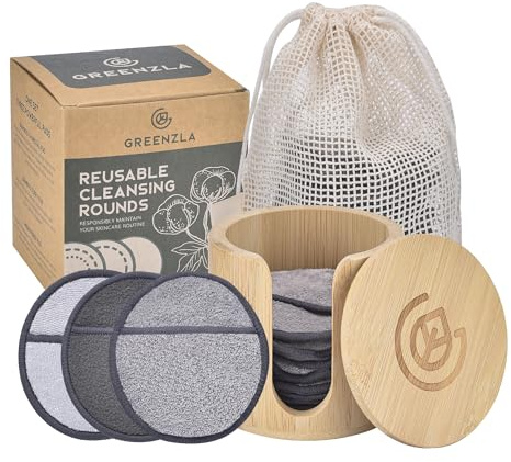 Greenzla Reusable Makeup Remover Pads Premium Set, 12 Pack Microfiber Cotton Pads, Charcoal Cotton Rounds, Bamboo Terry Face Wipes for All Skin Types with Mesh Laundry Bag and Bamboo Storage