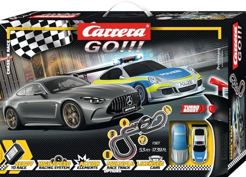 Carrera GO!!! 20062577UK Chase 'n Race1:43 Scale, 5.3 Metres, With Porsche 911 GT3 Polize & Mercedes-AMG GT 63 - Selenite grey, Suitable from 6 Years+