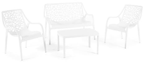Set / Salón de jardín y exterior en polipropileno con fibra de vidrio de 4 plazas, sofá de dos plazas, 2 sillones y mesa baja, apilable, impermeable, diseño moderno - Set Maratea (Blanco)