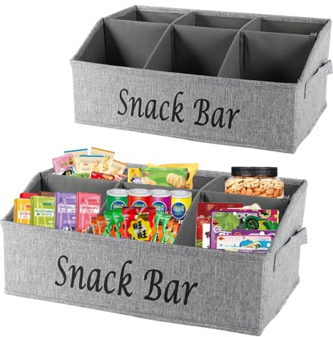 Xbopetda 2 Pack Snack Box Container, 6 Compartment Snack Tray with Handles, Food Storage Organizer Bins, Trapezoid Storage Basket for Chips Candy Snacks, Snack Bar Organizer for Pantry Storage, Grey