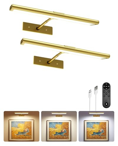 EZVALO Picture Light for Wall, 4800mAh Rechargeable Wireless Remote, Dimmable Magnetic LED Art Display Light with 3 Color Temperatures, for Gallery, Living Room, Bedroom, Hallway (Gold-2Pack)