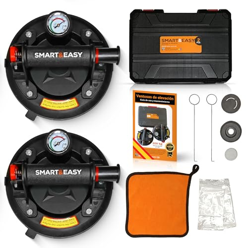 SMART&EASY Set 2 Ventosas para azulejos con Manómetro, 200 kg Succión, Uso Profesional, 200 mm Diámetro, Maletín Compacto, Ventosa para Cristal, Mármol, Granito, Vidrio, Cerámicos, Metal