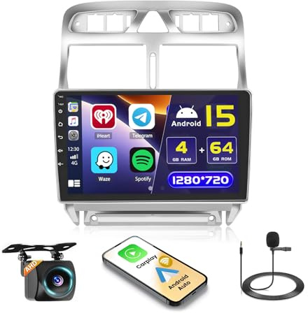 Android 15 Autoradio 4+64G Radio för Peugeot 307 2002-2013 Trådlös Carplay, 9 Tum Skärm med Android Auto Navi WiFi Bluetooth FM RDS SWC Backkamera