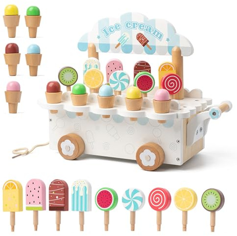 JurciCat Gelateria Giocattolo Per Bambini In Legno Accessori Da Cucina Per Giochi Ruolo Con Contenitore Legno Per Bambini Dai 3 Anni In Su Giocattoli Didattici Di Natale Regali Compleanno (Bianco)