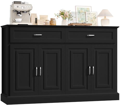 FirFurd Sideboard Black Kitchen Sideboard Storage Cabinet Kitchen Buffet Cabinet with 4 Doors 2 Drawers Adjustable Shelves for Living Room Dining Room 140x39.5x92.2cm