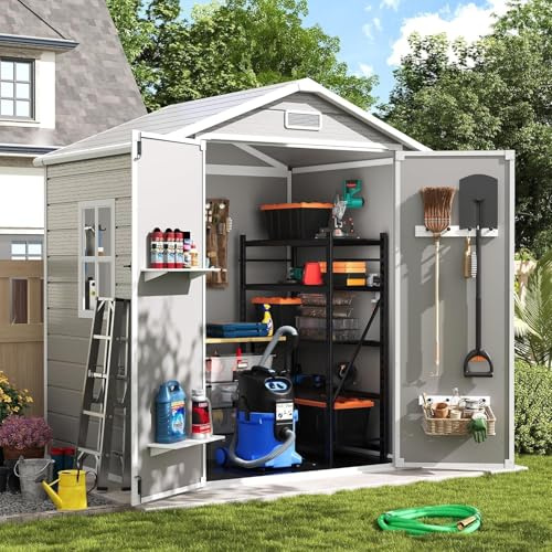 UDPATIO Casetta da Giardino in Resina, 183x137x210 cm, 3.9 m³ Capanno Attrezzi con Doppia Porta a Battente e Serratura, Armadio da Esterno Impermeabile per Tagliaerba e Giardinaggio, Grigio Fumo