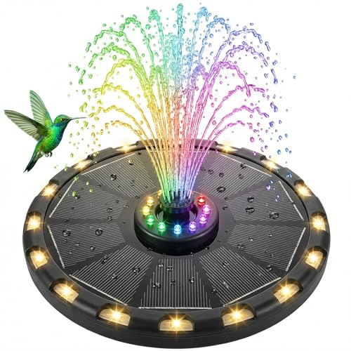 Fuente solar de 3,5 W, fuente solar para exteriores 2026, bomba solar para estanque con 8 luces LED de colores y 18 luces LED de color blanco cálido, fuente solar con 6 efectos para jardín, estanque