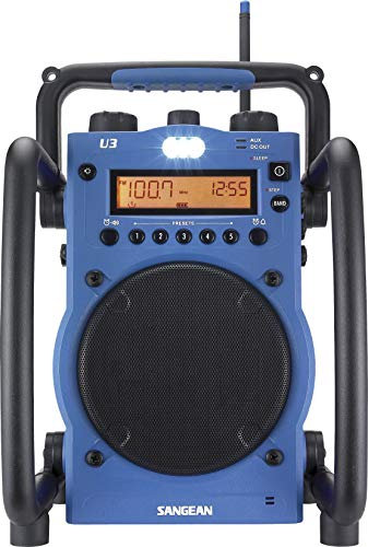 Sangean U3 tragbares Baustellenradio (UKW/MW-Tuner, AUX-In, Weckfunktion, LED-Leuchte, spritzwasser/staubgeschütztes Gehäuse) blau/schwarz