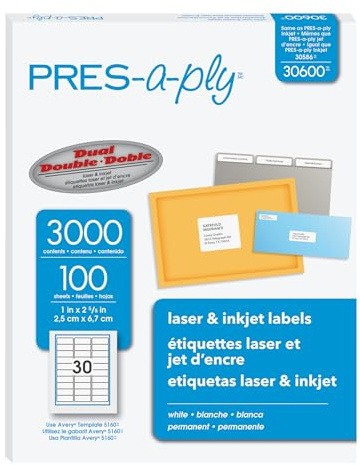 PRES-a-ply Laser Address Labels, 1 x 2-5/8, White, 3000/Box