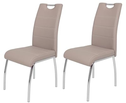 Hela Tische, 2er Set Esszimmerstuhl Susi, Bezug Kunstleder Cappuccino, Griffmulde, Metallgestell Chrom, 43 x 61 x 98 cm