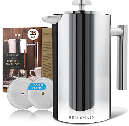 Bellemain French Press Coffee Maker Extra Filters Included, 35 oz, Stainless Steel