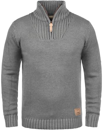 !Solid SDPetro Homme Pull en Maille Troyer Pull à Grosses Mailles avec col Troyer Poignets côtelés Détails du Label Mélange de Coton Regular Fit, Taille:S, Couleur:Grey Melange (8236)