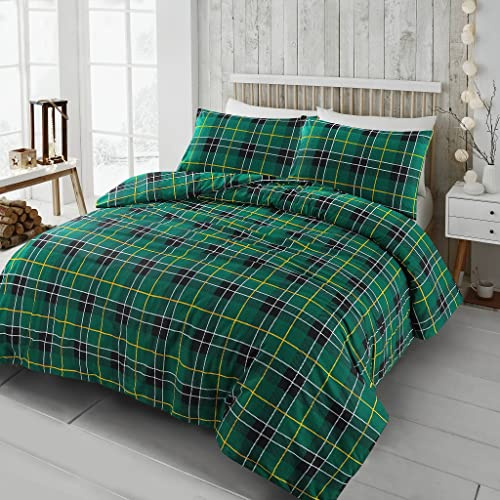 Set di copripiumino lussuoso con stampa floreale in flanella di cotone spazzolato, Cotone, Tartan Check Green, King Duvet Cover Set