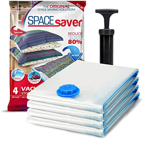 Spacesaver Bolsas de vacio ropa Premium, 80% Más de Almacenamiento, Bomba para Viajes, Sello de doble cierre y válvula turbo con triple sellado, Bolsas Vacío Ahorro de Espacio-Medianas 4 Piezas