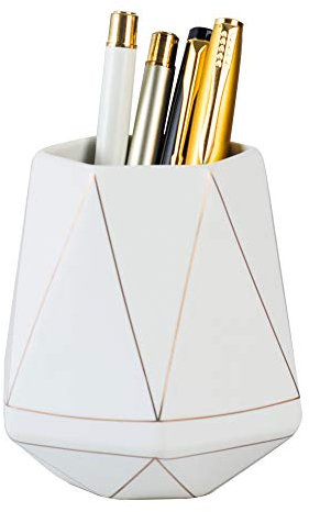 YOSCO Ceramic Desk Cute Pen Holder Stand Gold Line Pencil Cup Pot Desk Organizer Makeup Brush Holder (White)