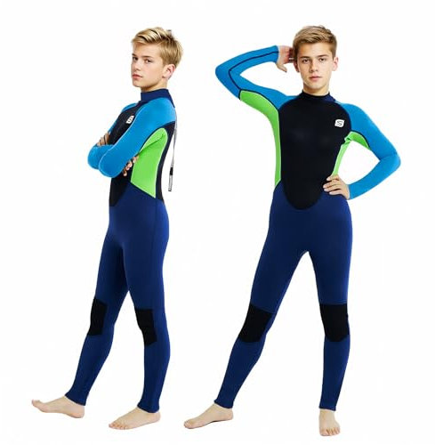 Summshall Neoprenanzug Kinder, 2.5mm Neopren Kinder Neoprenanzug Jugend Kurz Lang Wärmender Neoprenanzüge Thermal Badeanzug für Mädchen und Jungen zum Tauchen, Schwimmen, Surfen, Lang-Blau Grün 12Y