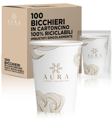 AURA LUXURY COLLECTION Bicchieri in cartoncino imbustati singolarmente monouso bianchi riciclabili per hotel e b&b 210 ml (100)