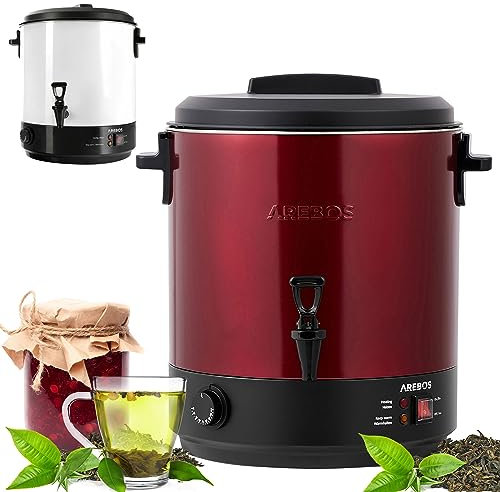 Arebos Konserveringsmaskin 2 500 W | Inkokningsgryta 28 l | med termostat och överhettningsskydd | steglös temperaturinställning 30–110 °C | glöggkokare | inkl. konserveringsglas och konserveringsfat | röd