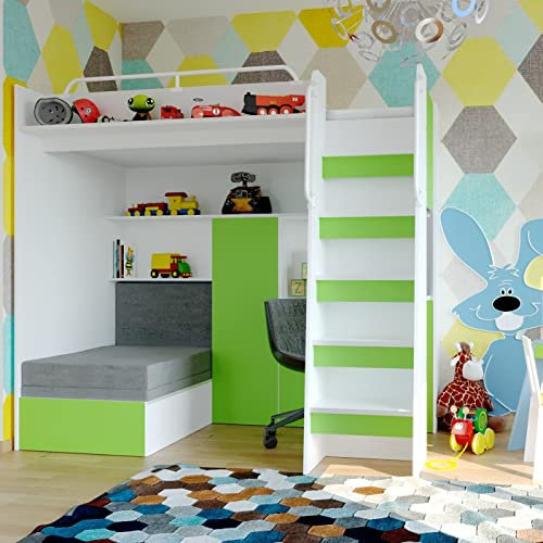 Marlux-Meble Hochbett JSM-7 90x200 TREPPE RECHTS mit Schreibtisch Schränke und Ausklappbares Sofa 70x180 Matt Funktionsbett Etagenbett Stockbett Kinderhochbett Jugendhochbett (Limette Matt)