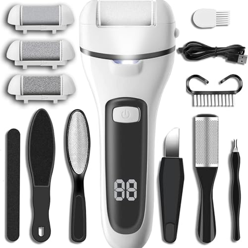 Callus Remover for Feet Electric Foot File, 13-in-1 Professional Pedicure Tools Foot Care Kit, Foot Scrubber Pedi for Hard Cracked Dry Dead Skin, 3 Rollers, 2 Speed, Battery Display (White-Grey)
