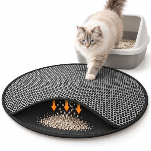 BYPET -Matten Matta för kattlåda, 58 cm rund kattlåda, kattströ, matta, underlägg, mattor, bikakedesign, vattentät, dubbla lager, design, bikugmatta (grå 58 rund)