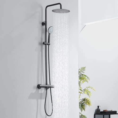 Kelleria Moderne Duschsystem mit Thermostat Schwarz, Sicherheitssperre bei 38°C, Brausebatterie, Duscharmatur Komplettset mit Edelstahl Duschkopf Handbrause Verstellbarer Duschstange und Armatur