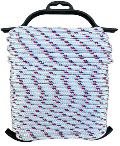 eacommerce - Corda in Polipropilene Alta Tenacità 16 Fusi Multiuso | Anti UV | Ideale per Nautica, Bianco con Segnalino Rosso/Blu, 6 mm, 30 metri