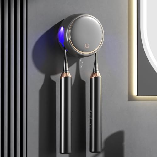 Cepillo de dientes desinfectante UV, soporte para cepillo de dientes para montaje en pared, esterilización y temporización, capacidad para dos cepillos para viajes y uso familiar (negro)