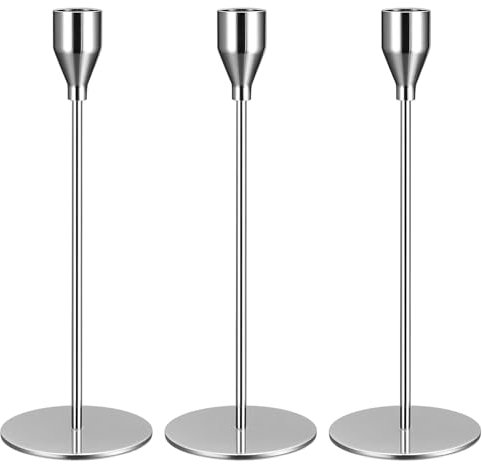 Set di 3 portacandele da tavolo, portacandele in argento da 24 cm, portacandele da tavolo affusolati, portacandele, portacandele in metallo, matrimonio, decorazione portacandele da tavola natalizia